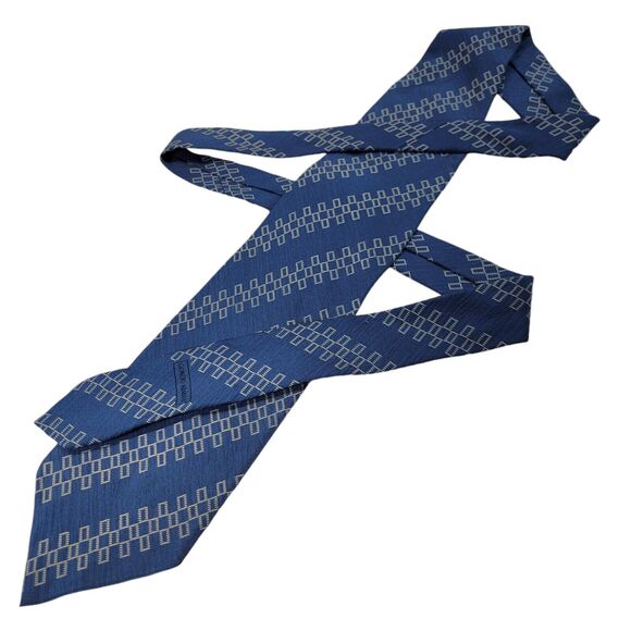 GIORGIO ARMANI Men's 100% Silk Necktie ITALY Designer Geometric Blue/Tan - Picture 4 of 7